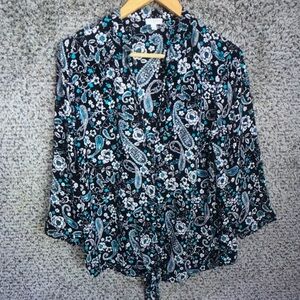 Women's Black Paisley Tie-Front Blouse - Teal & White